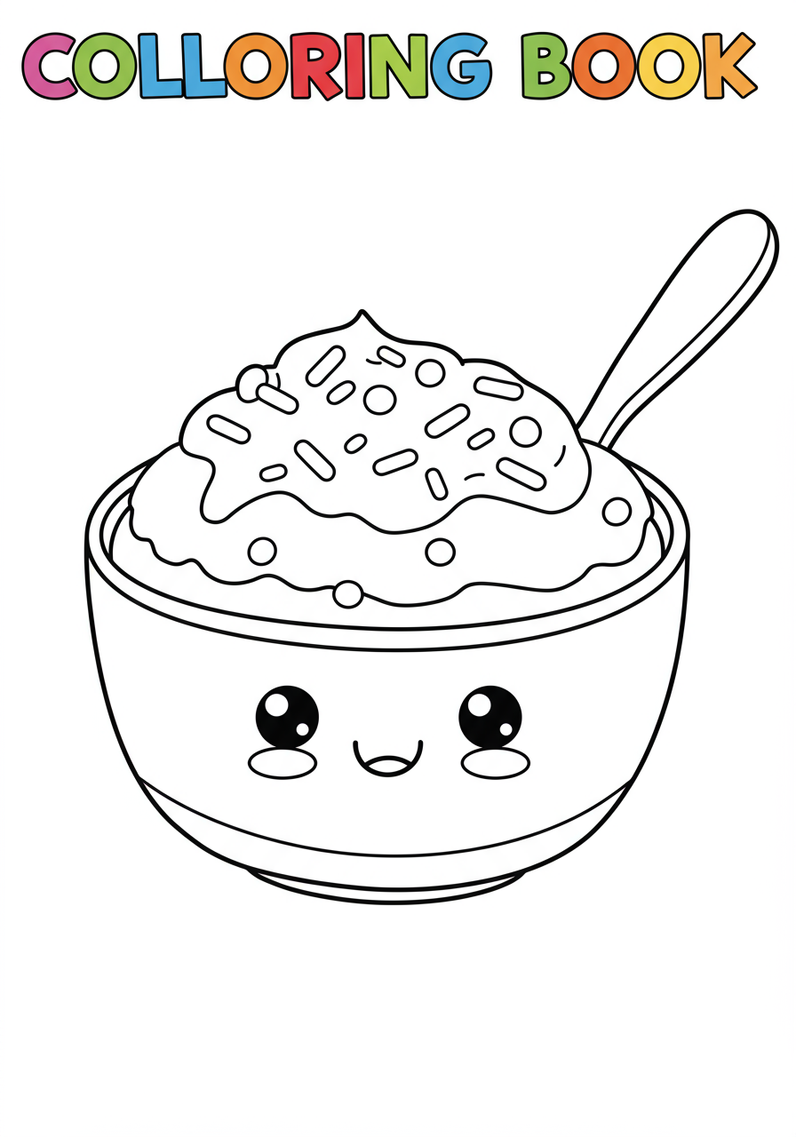 A free printable coloring page featuring a bowl of delicious pudding topped with colorful sprinkles, with a spoon ready to scoop. Ideal for kids.