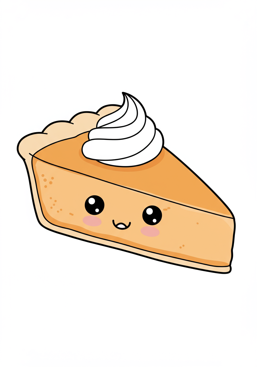 Free printable coloring page featuring a delicious slice of pumpkin pie topped with a swirl of whipped cream, perfect for kids.