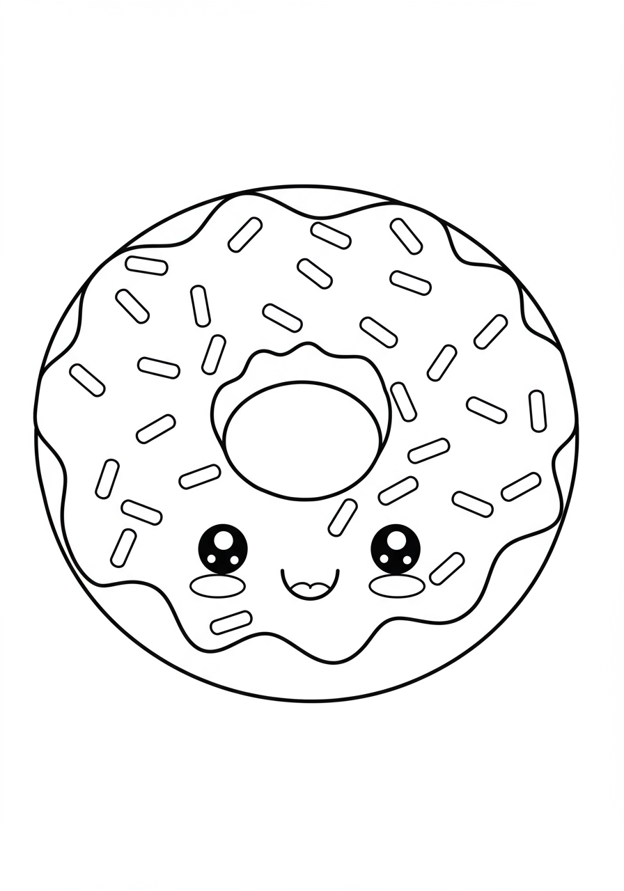 Free printable coloring page featuring a happy rainbow sprinkle donut with a hole in the middle, perfect for kids.