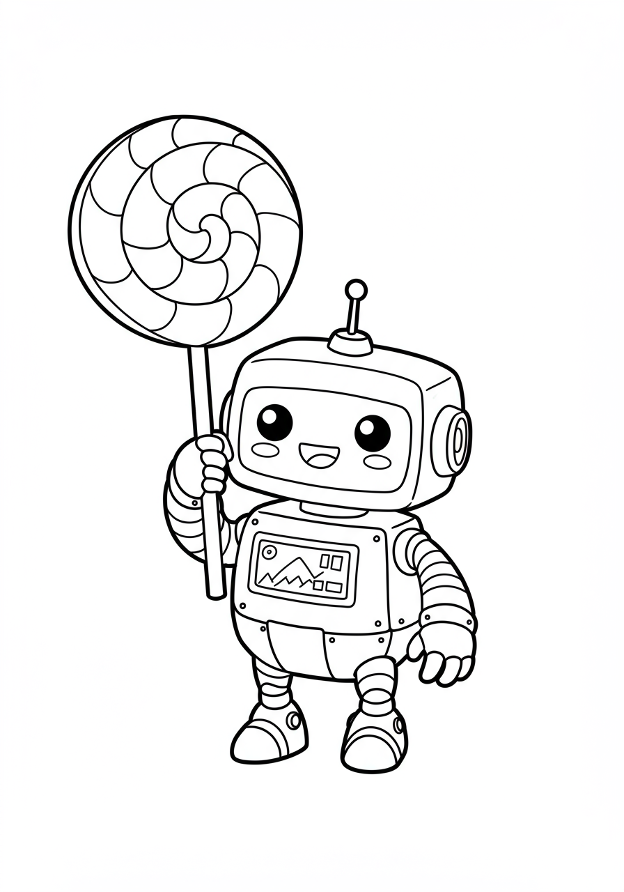 A free printable coloring page featuring a friendly robot holding a large, swirling lollipop, perfect for kids to color and enjoy.