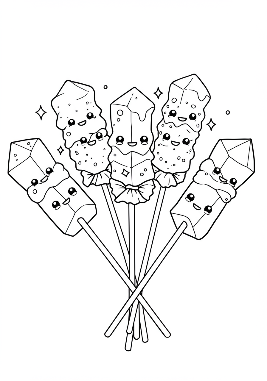 Free printable coloring page featuring various shapes and sizes of rock candy crystals on sticks, perfect for kids to color with bright, sparkly colors.