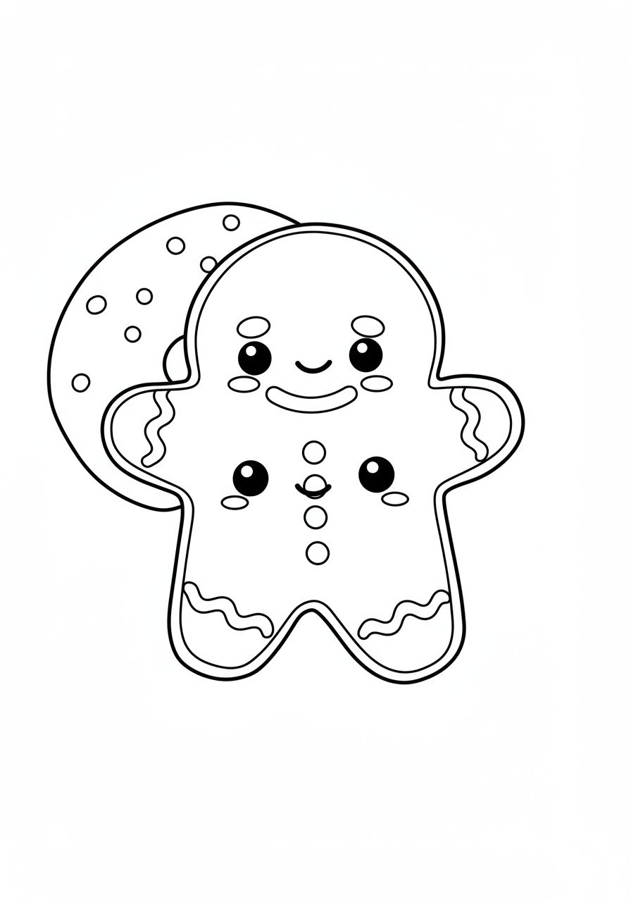 Free printable coloring page featuring happy, smiling gingerbread cookies decorated with icing, perfect for kids.
