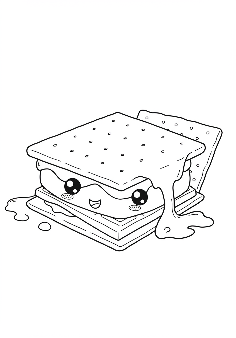 A free printable S'mores Ooey Gooey coloring page featuring melted marshmallows, chocolate, and graham crackers for a sweet treat