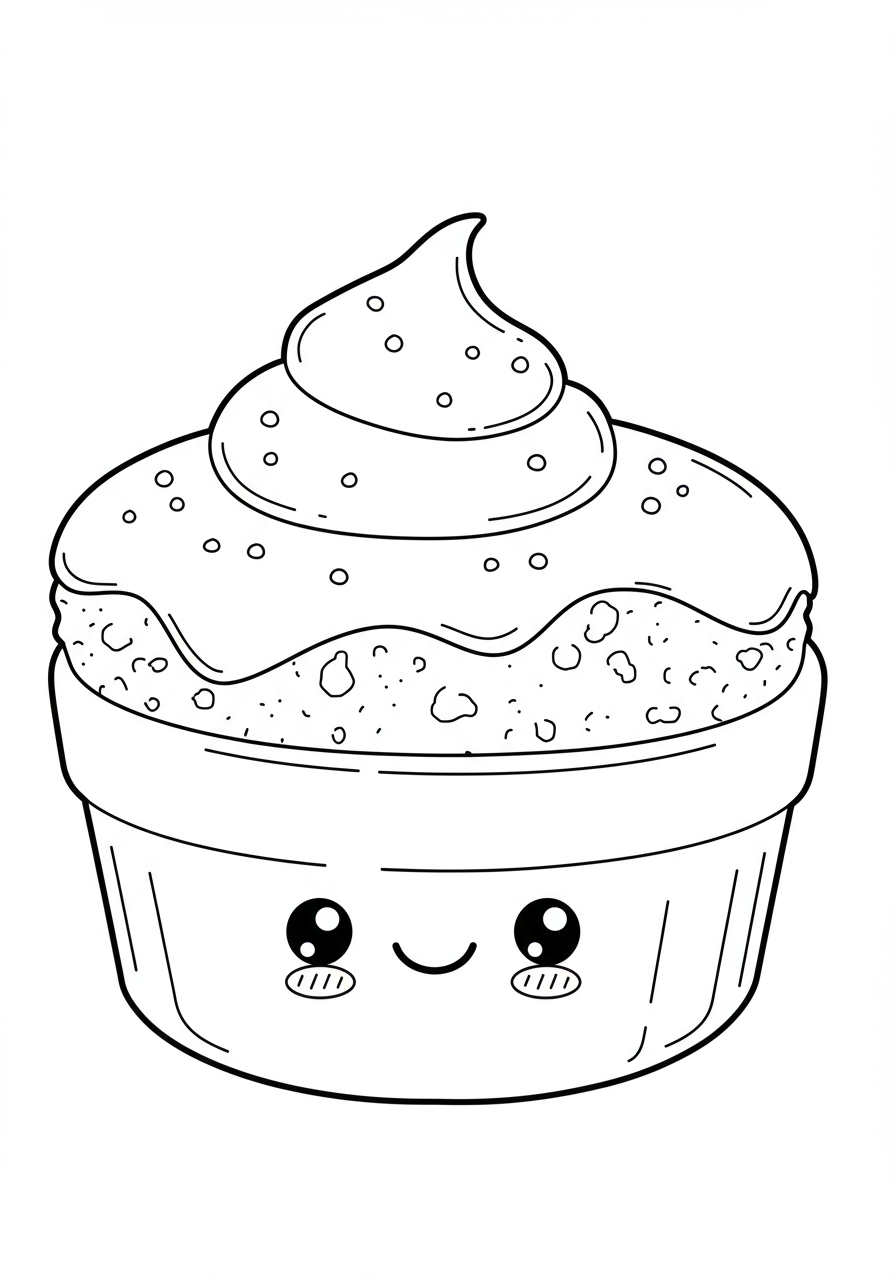 A free printable coloring page showing a warm, fluffy souffle rising high in a white baking dish, ready to be colored by children.