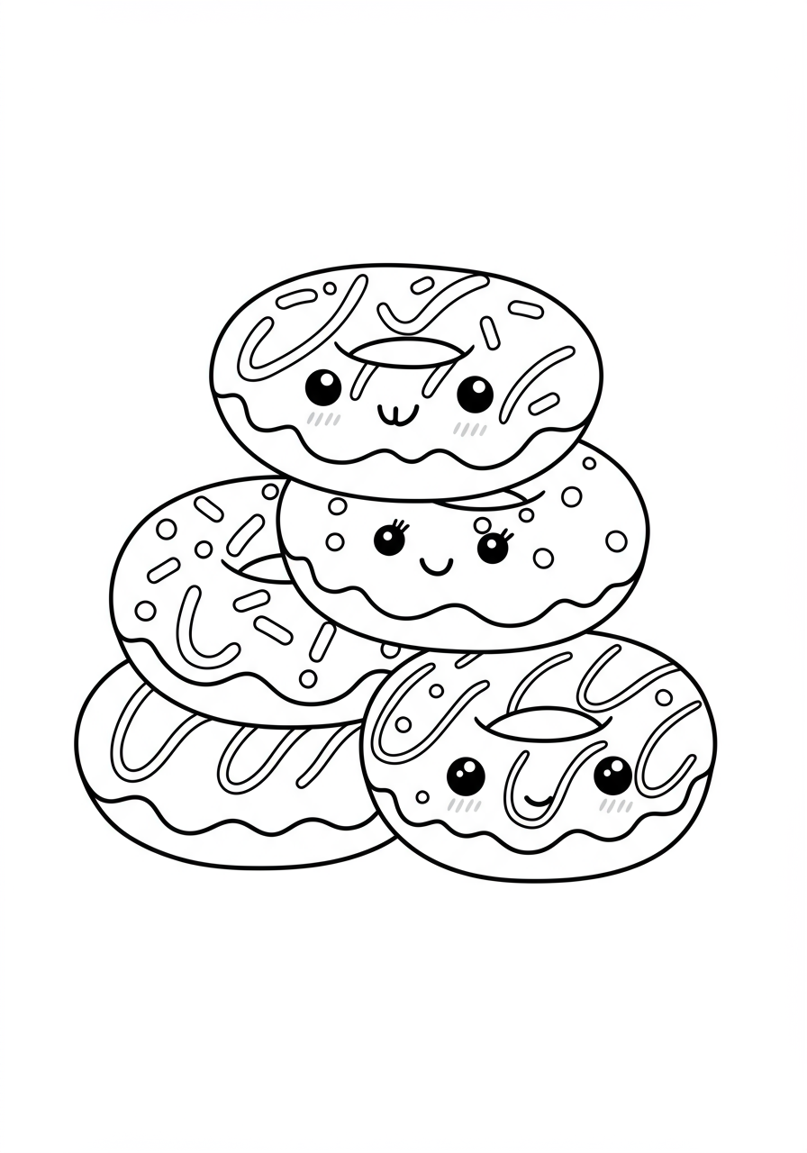 Free printable coloring page featuring a whimsical stack of three delicious sprinkled donuts on a plate, ready for kids to color creatively.
