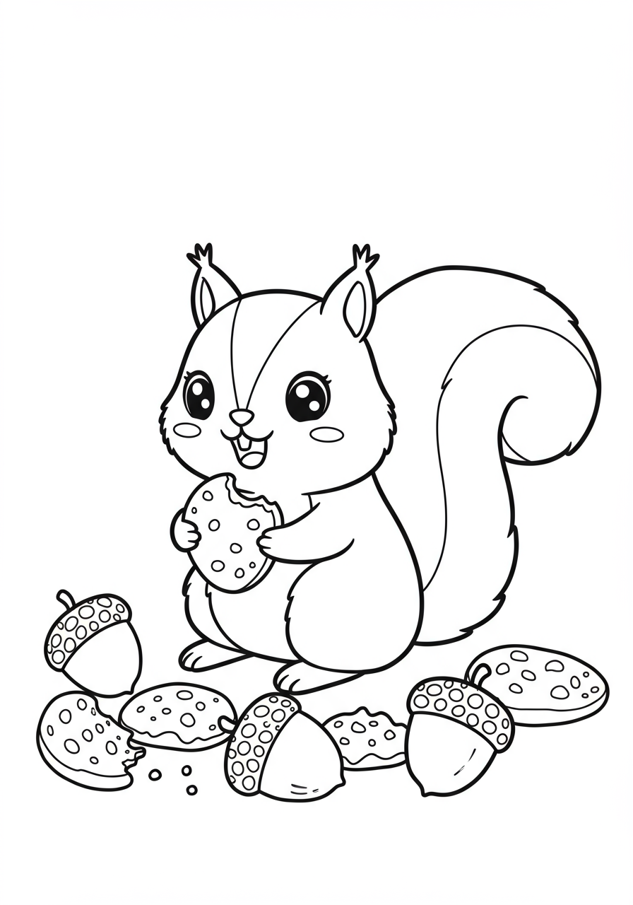 A cute cartoon squirrel happily holding an acorn cookie, with more cookies on the ground, a free printable coloring page for kids.