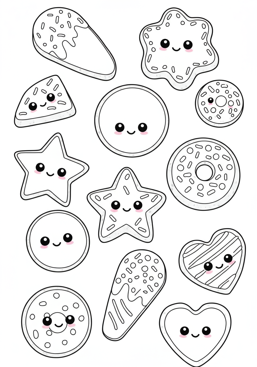 Free printable sugar cookie decorations coloring page showing outlines of various cookie shapes like stars, hearts, and circles, ready for kids to color with icing and sprinkles.