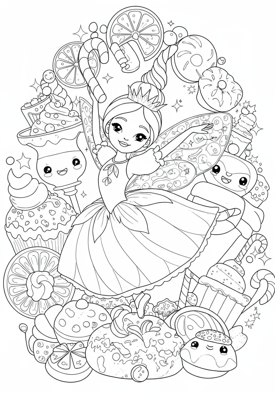 Free printable Sugar Plum Dancing Fantasy coloring page for kids, featuring a graceful Sugar Plum Fairy in a whimsical dance pose, surrounded by sweet treats and magical elements.