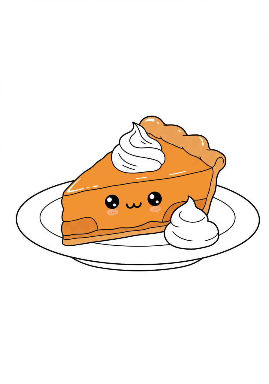 A free printable coloring page featuring an easy-to-color slice of sweet potato pie with a dollop of whipped cream on a plate, perfect for kids.