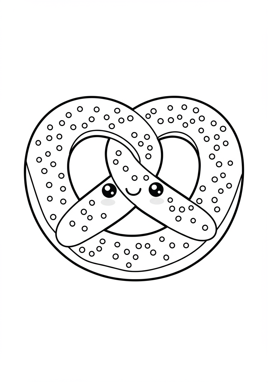 A free printable coloring page for kids showing a delicious sweet sugar pretzel, perfect for an easy food-themed activity.