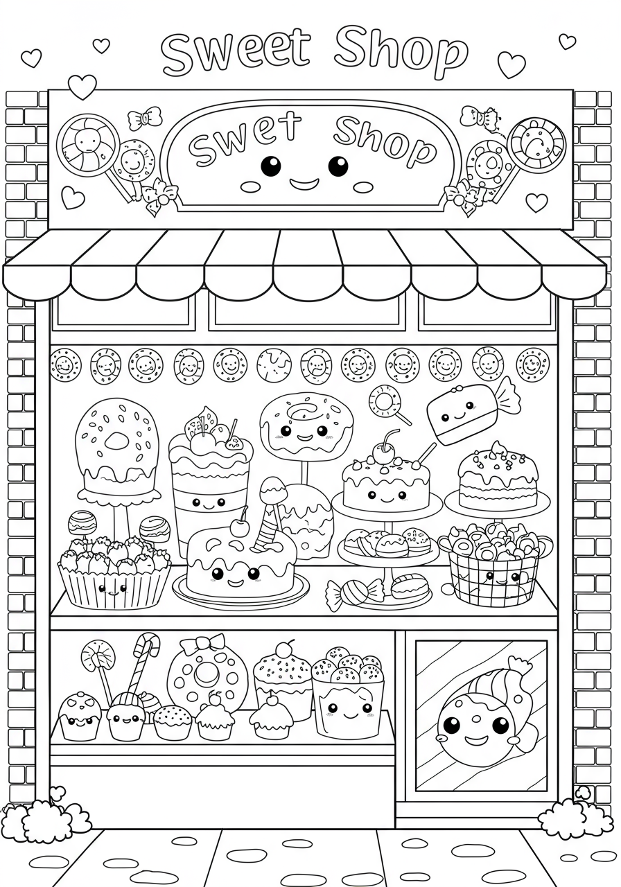Sweet Shop Display Window free printable coloring page showing various candies, cakes, and treats through a shop window, ready for kids to color.