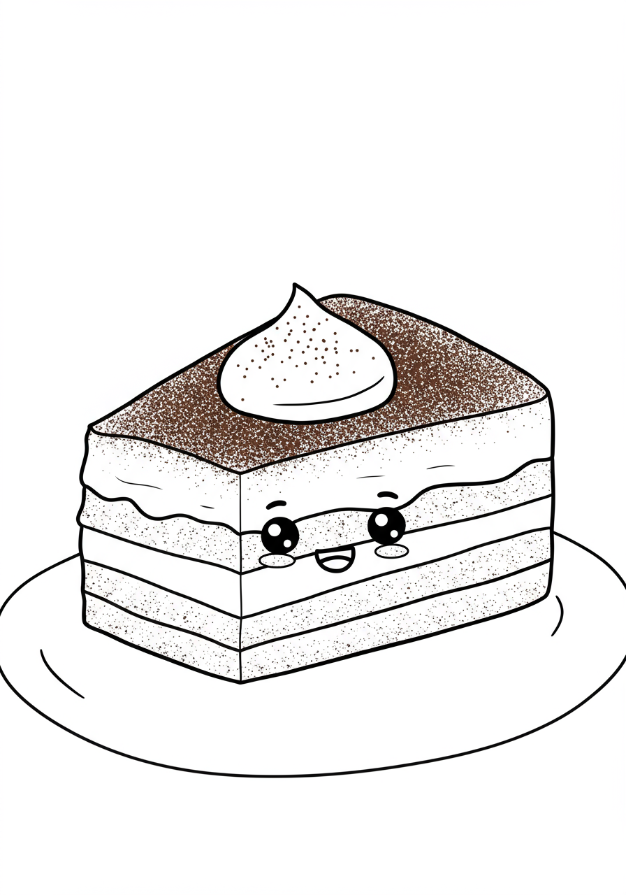A free printable coloring page showing a slice of Tiramisu layered dessert with coffee-soaked ladyfingers, rich cream, and cocoa powder on top.
