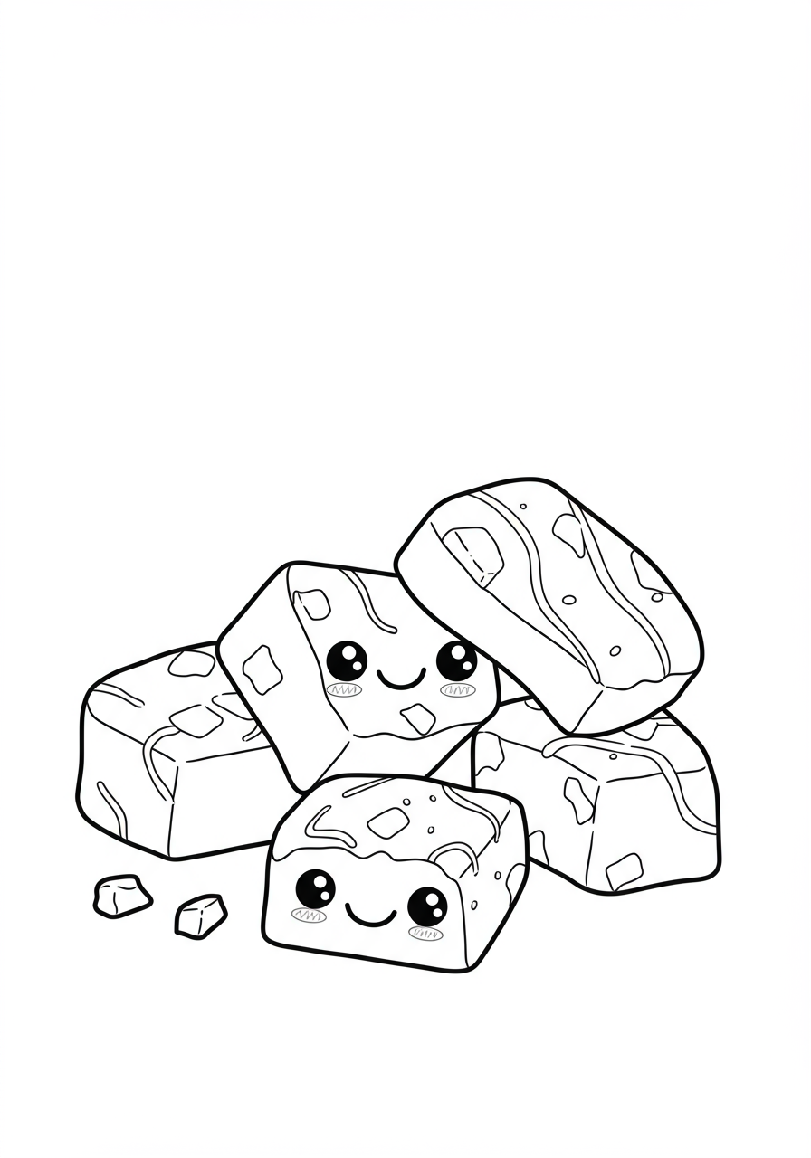 A free printable coloring page showing several delicious Toffee Crunchy Pieces, perfect for kids to color and enjoy.