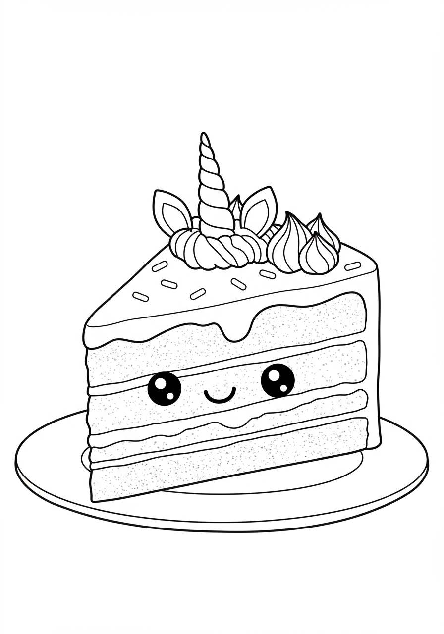 Free printable coloring page featuring a magical slice of unicorn rainbow cake with frosted layers, a tiny unicorn horn, ears, and sprinkles, perfect for kids.