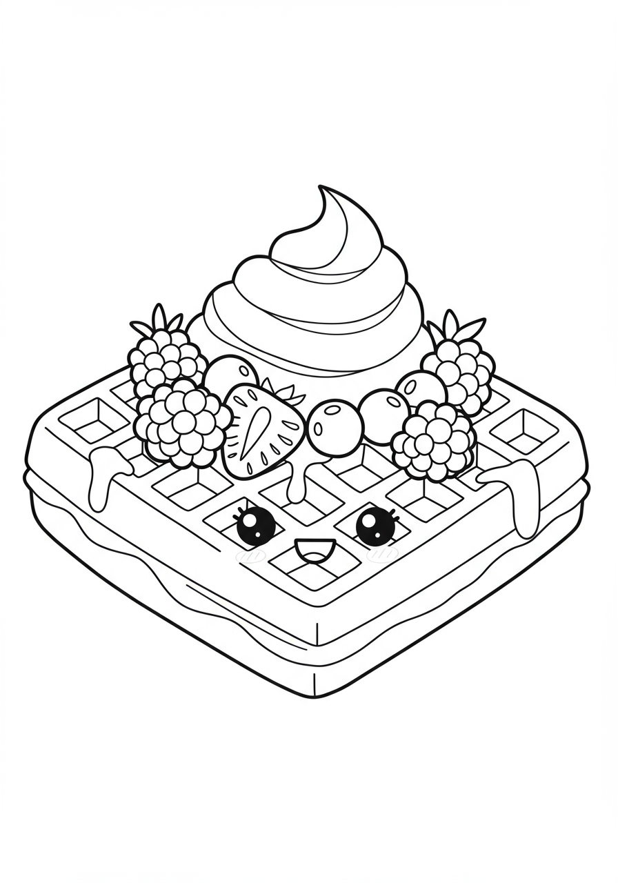 Free printable coloring page of a delicious waffle topped with fresh berries and a swirl of whipped cream, perfect for kids.