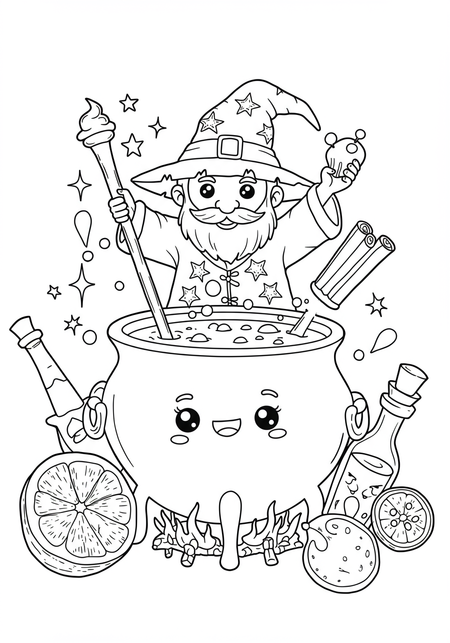 A free printable coloring page showing a friendly wizard happily brewing a sparkling, sweet potion in a large cauldron, surrounded by magical ingredients.