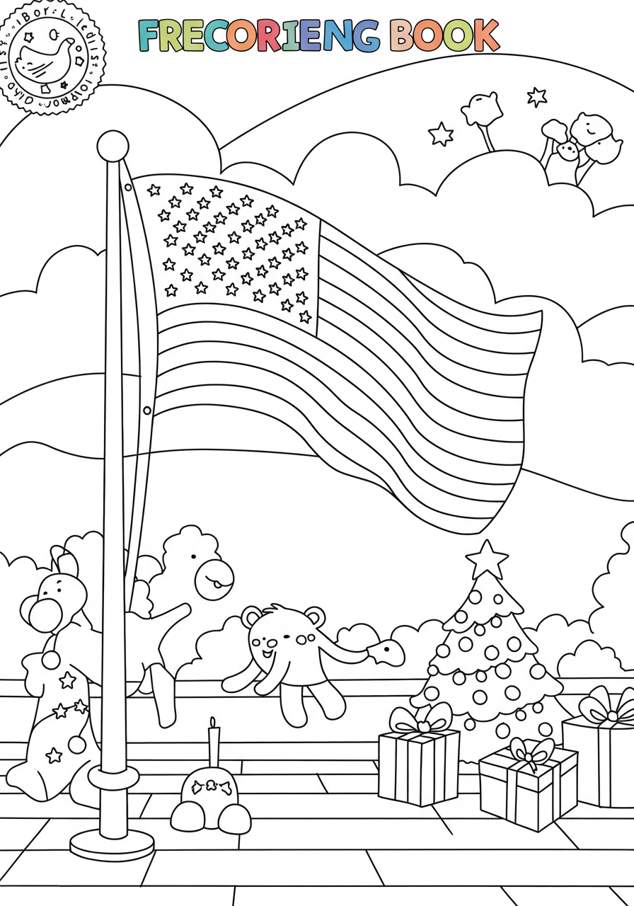 Free printable coloring page featuring a simple, easy-to-color design of an American flag waving gently in the wind, perfect for kids.