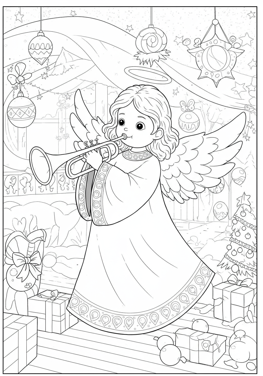 Free printable Angel with Trumpet coloring page for kids, easy holiday activity.