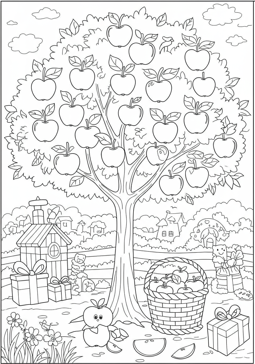 Free printable Apple Orchard Ripe coloring page for kids, showing a tree full of ripe red and green apples with a basket and bold lines.