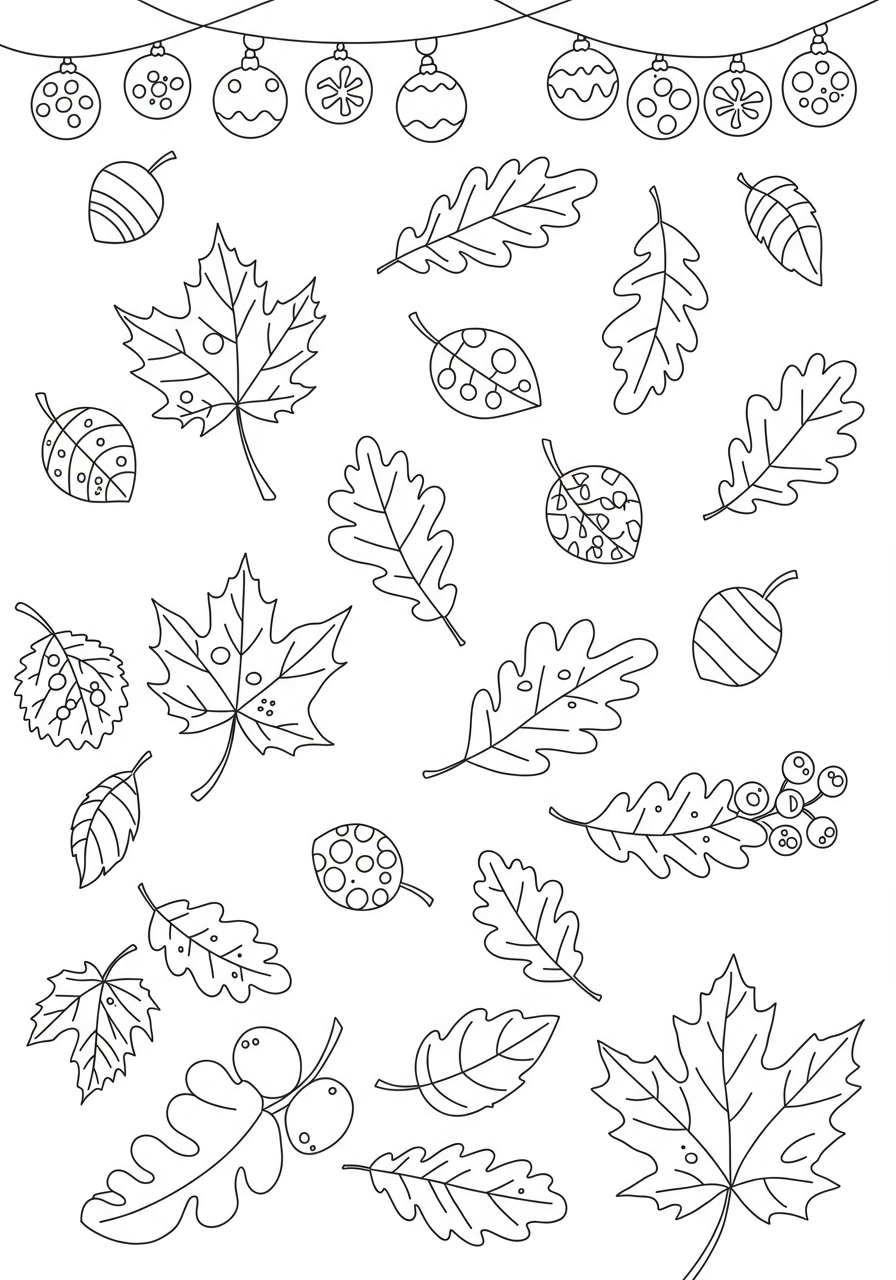 A free printable autumn leaves beautiful coloring page for kids, featuring various maple and oak leaves falling, ready to be colored with vibrant fall colors.