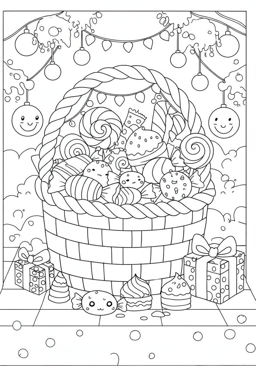 A free printable coloring page featuring a delightful basket overflowing with various types of candy, perfect for kids.