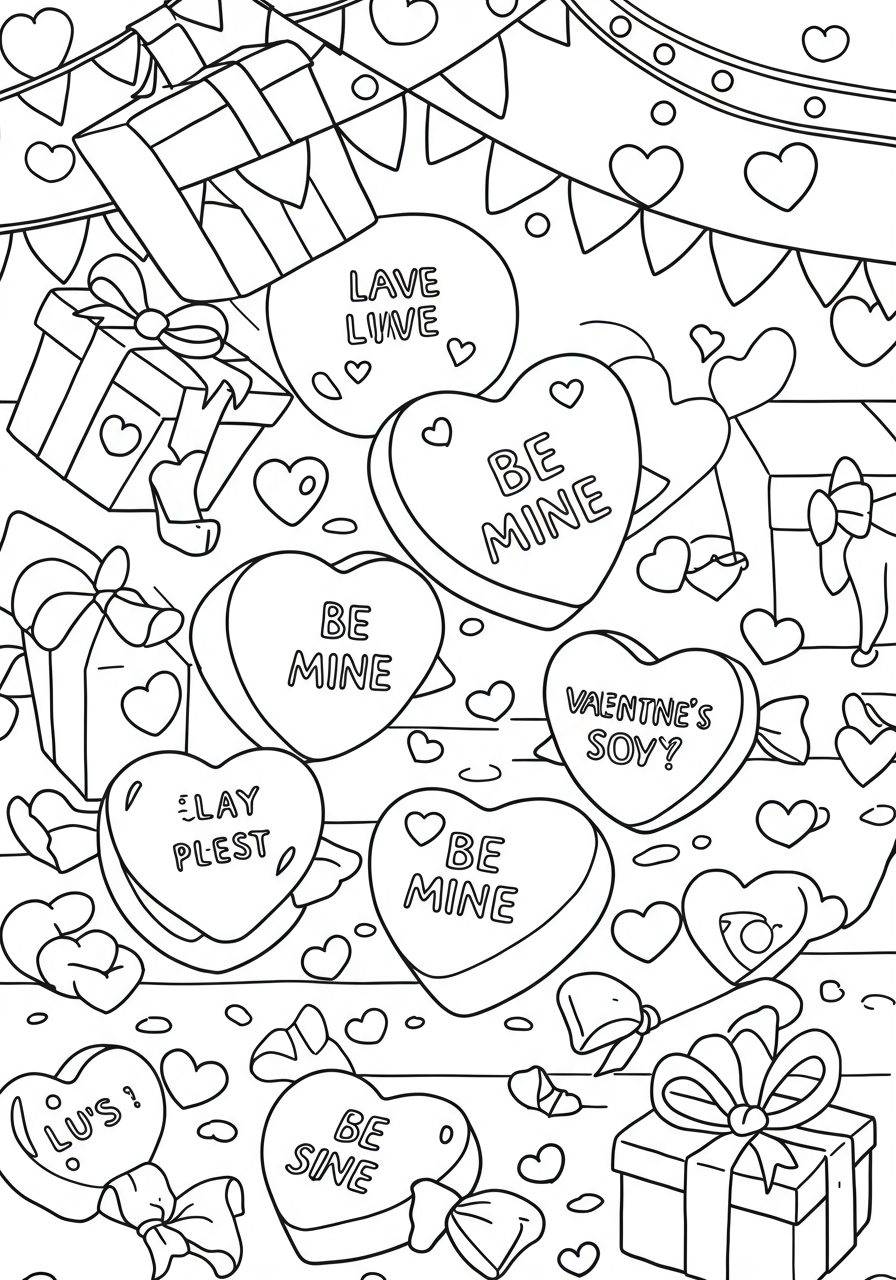 Free printable coloring page featuring classic 'Be Mine' conversation heart candies with various messages for Valentine's Day celebration.