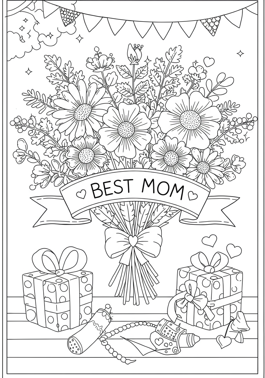 Free printable coloring page featuring a lovely bouquet of various flowers with a 'Best Mom' banner, perfect for kids to color for Mother's Day or to show appreciation.
