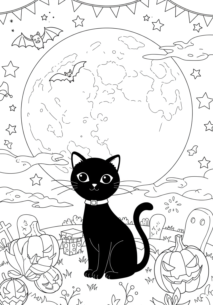A free printable black cat full moon Halloween coloring page featuring a cute black cat sitting under a large, glowing full moon with bats and stars in the night sky, perfect for kids.