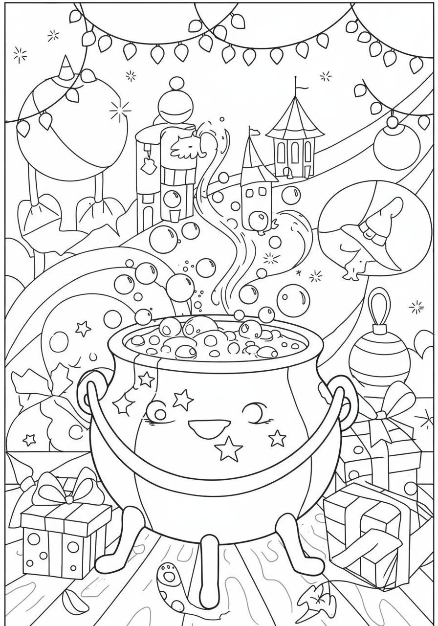 Free printable Bubbling Cauldron Magic coloring page featuring an easy-to-color cauldron with flowing bubbles and stars, perfect for kids.