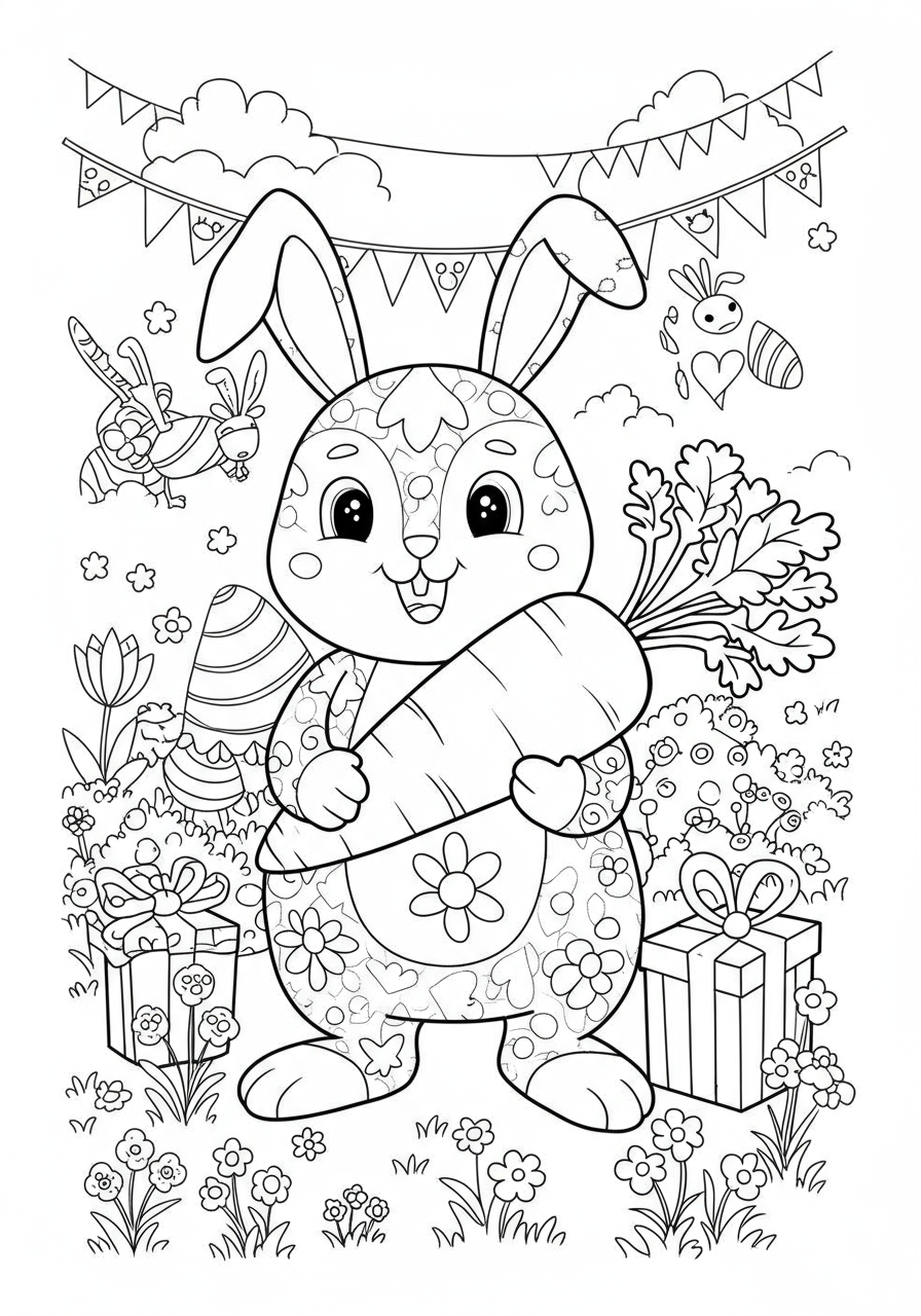 An adorable free printable coloring page featuring a happy bunny holding a large carrot, perfect for Easter and spring activities.