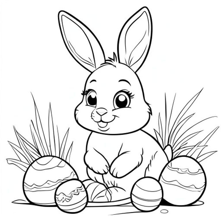 A free printable coloring page featuring a cheerful Easter bunny with a paintbrush, meticulously decorating colorful Easter eggs, surrounded by more eggs and a basket.