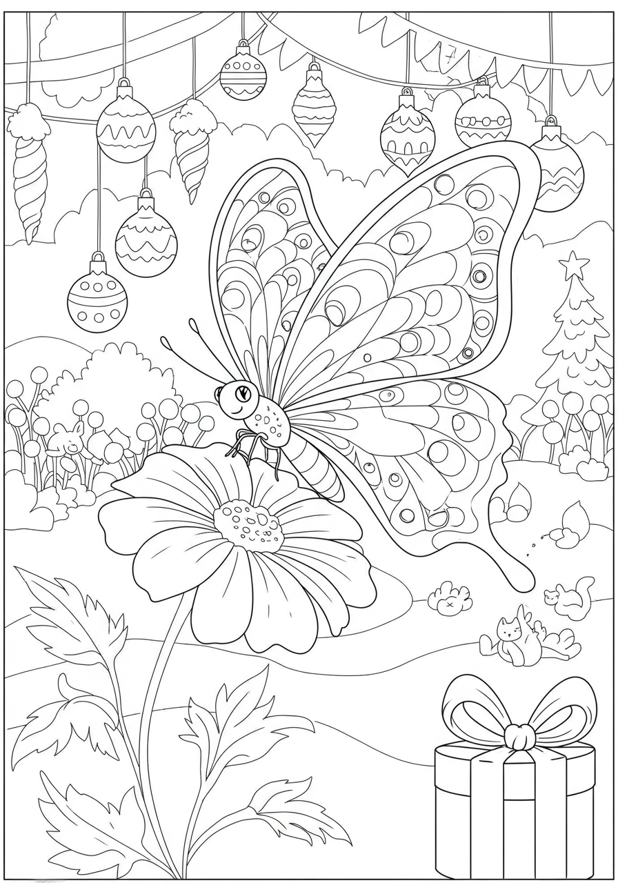 Free printable coloring page featuring a simple line drawing of a butterfly with patterned wings resting on a blooming flower, ready for kids to color.