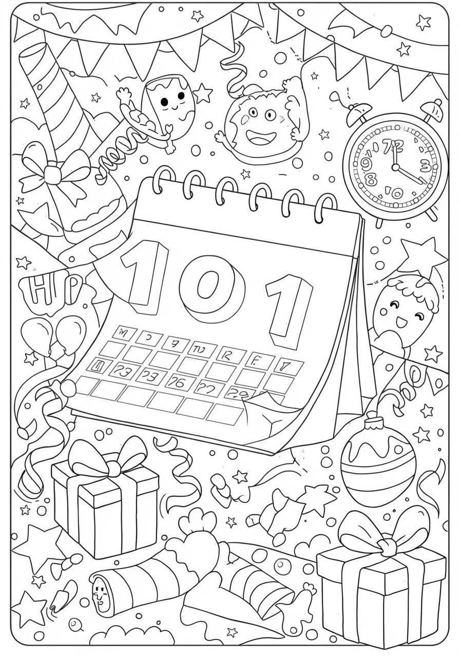 A free printable coloring page depicting a whimsical calendar page flipping from one year to the next, surrounded by festive confetti, stars, and a celebratory clock, perfect for welcoming new beginnings.