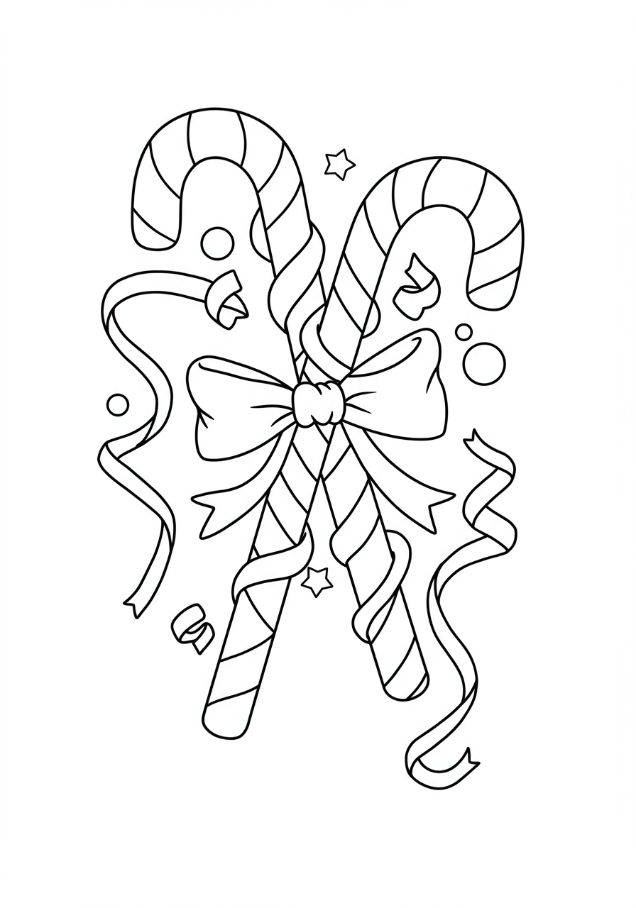Free printable candy cane ribbons coloring page for kids, featuring festive intertwined candy canes with bows and swirling ribbons, easy for holiday coloring.