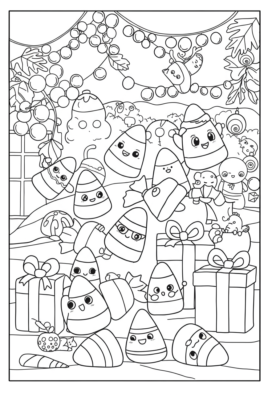 Free printable coloring page featuring multiple candy corn sweets, ideal for kids during the autumn and holiday season.