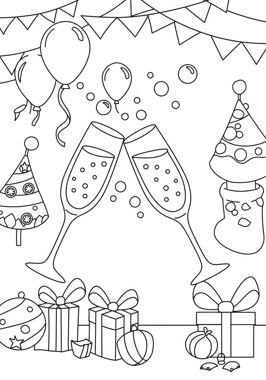 A free printable coloring page featuring two simple outline champagne toast glasses clinking together, with celebratory bubbles, perfect for kids to color during holidays and special occasions.