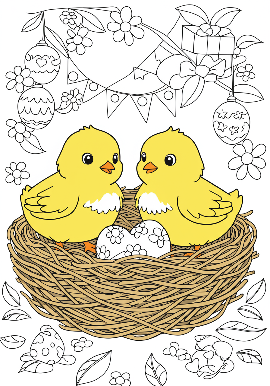 Free printable coloring page featuring two cute baby chicks nestled in a cozy nest, surrounded by green leaves, perfect for spring or Easter activities.