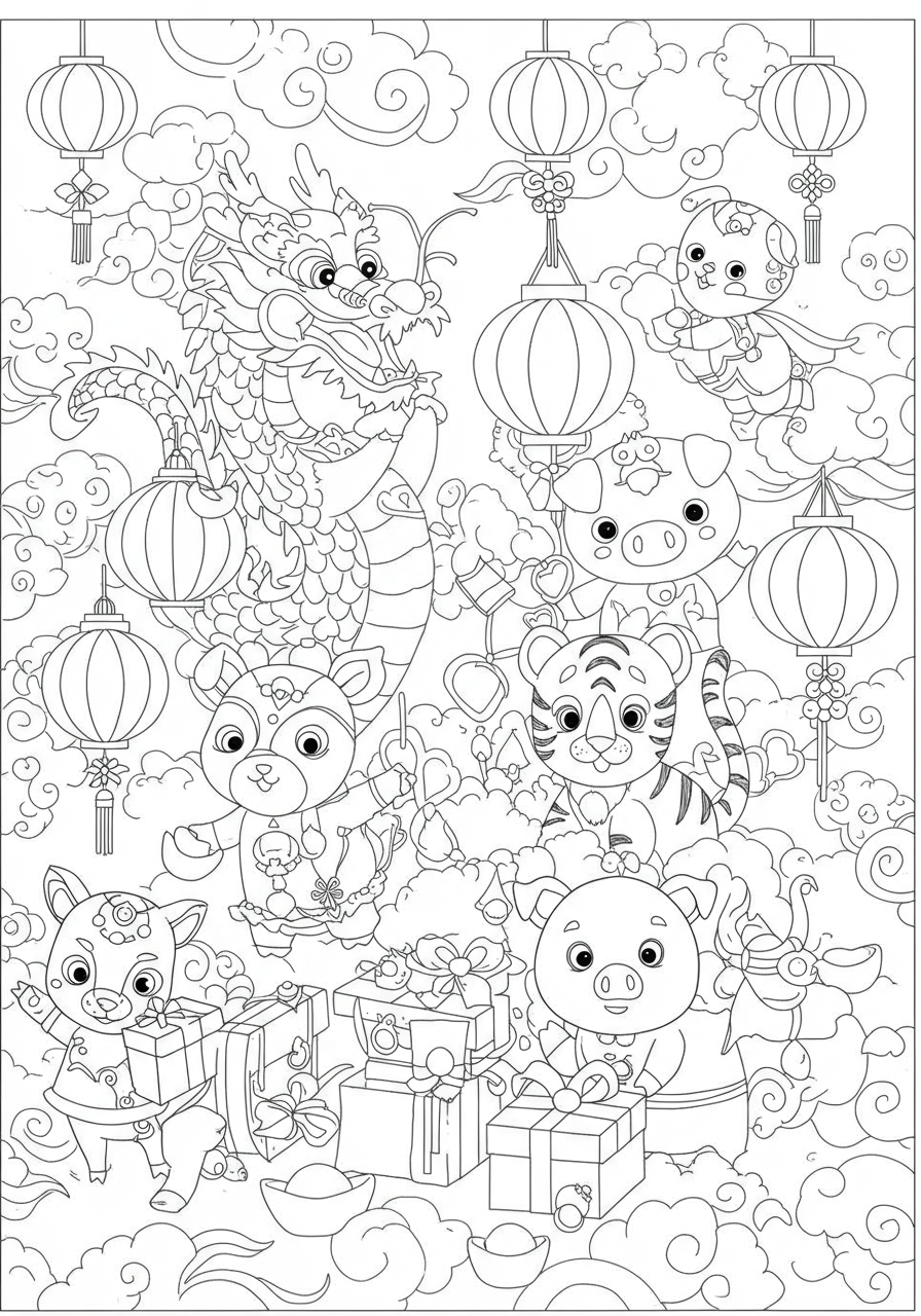 A free printable coloring page depicting cute Chinese New Year zodiac animals like a dragon, tiger, rabbit, and pig, with festive lanterns and clouds in an easy-to-color style.