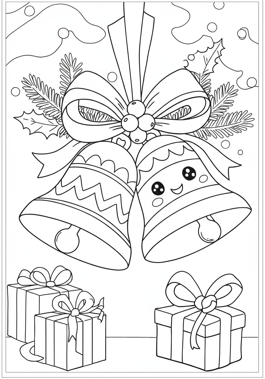 Free printable Christmas Bells Ringing coloring page for kids, featuring two festive bells with ribbons and holly, ideal for easy holiday coloring.