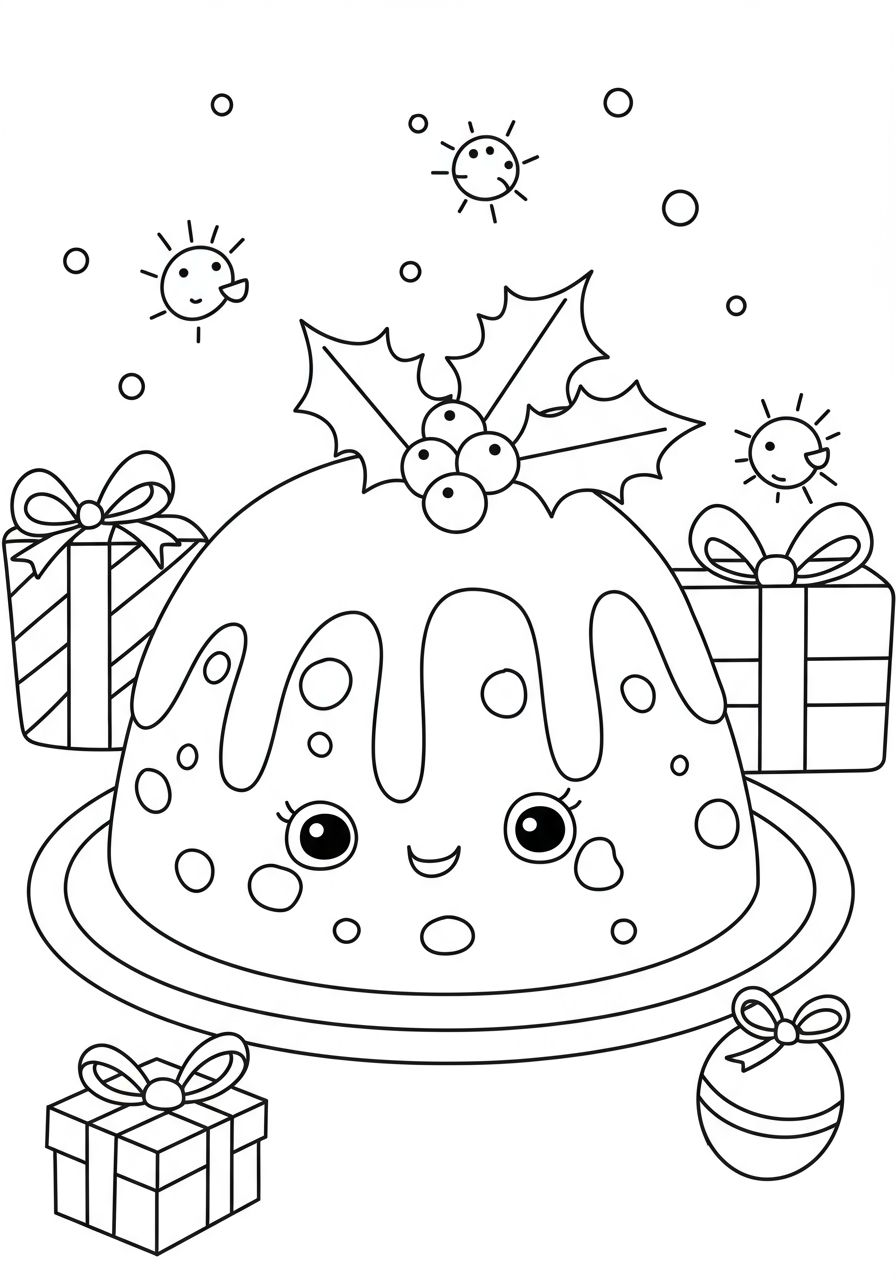 Free printable Christmas Pudding dessert coloring page for kids, featuring a festive pudding with holly and sauce, ready to be colored.