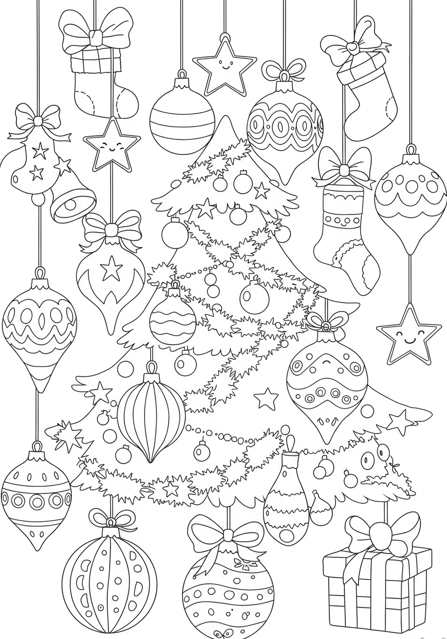 A free printable coloring page featuring a collection of various festive Christmas tree ornaments like stars, baubles, and bells, perfect for kids to color.