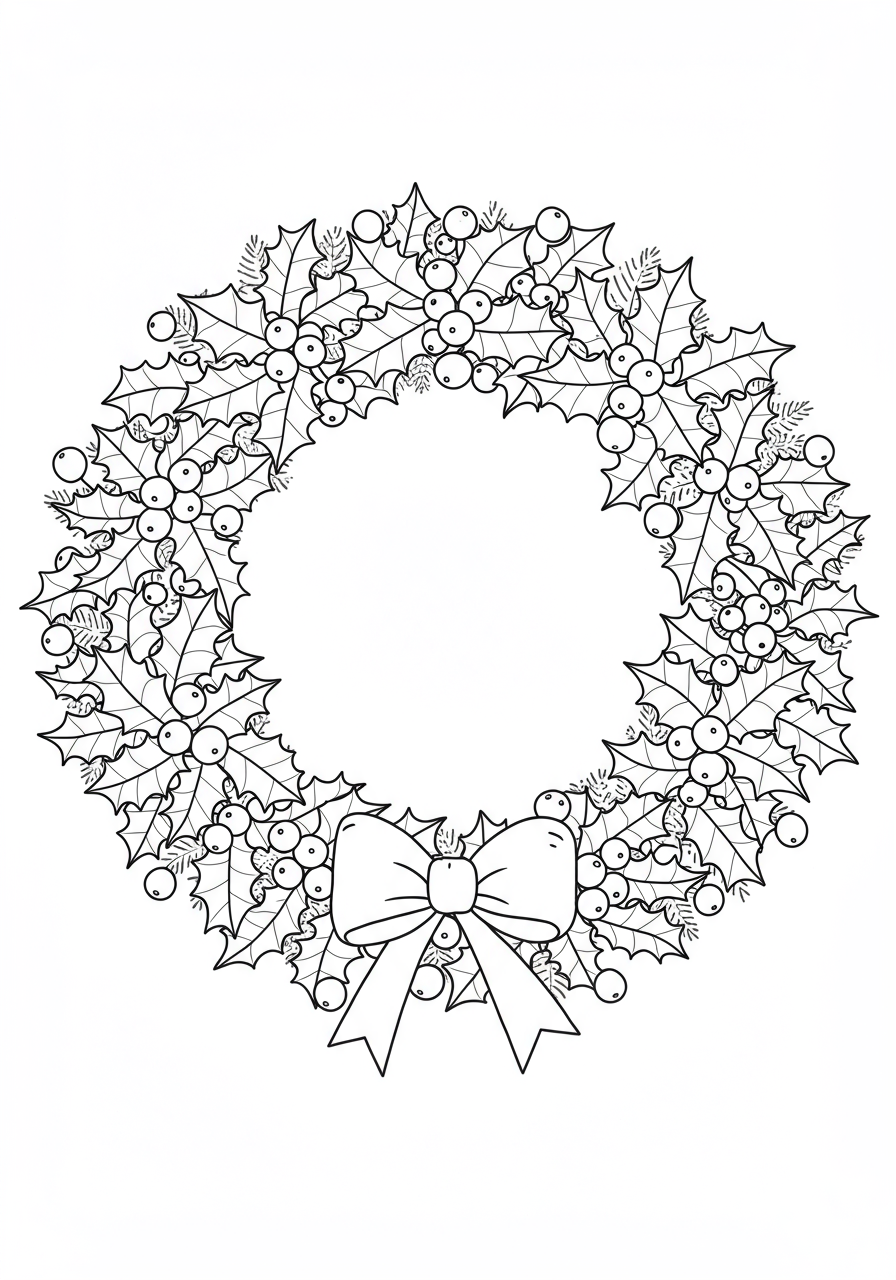A free printable Christmas wreath holly coloring page showing a simple, circular wreath adorned with holly leaves and berries, perfect for kids.
