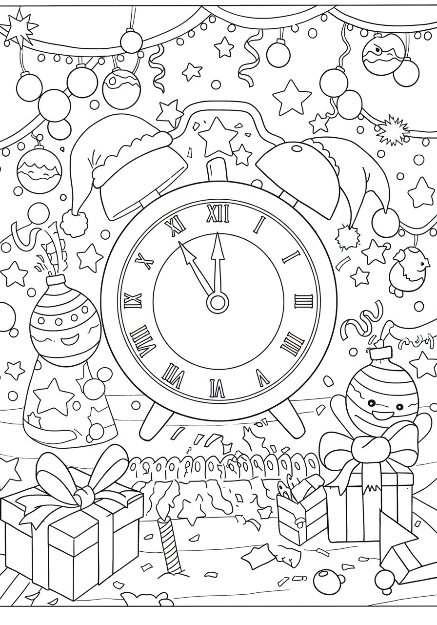 Illustration of a festive clock striking midnight with stars and confetti, a free printable coloring page for kids.