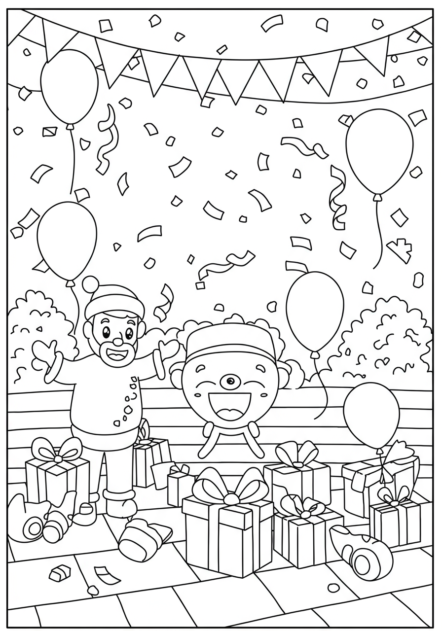 A free printable coloring page depicting a festive scene with numerous colorful pieces of confetti falling, designed for kids to enjoy and celebrate.