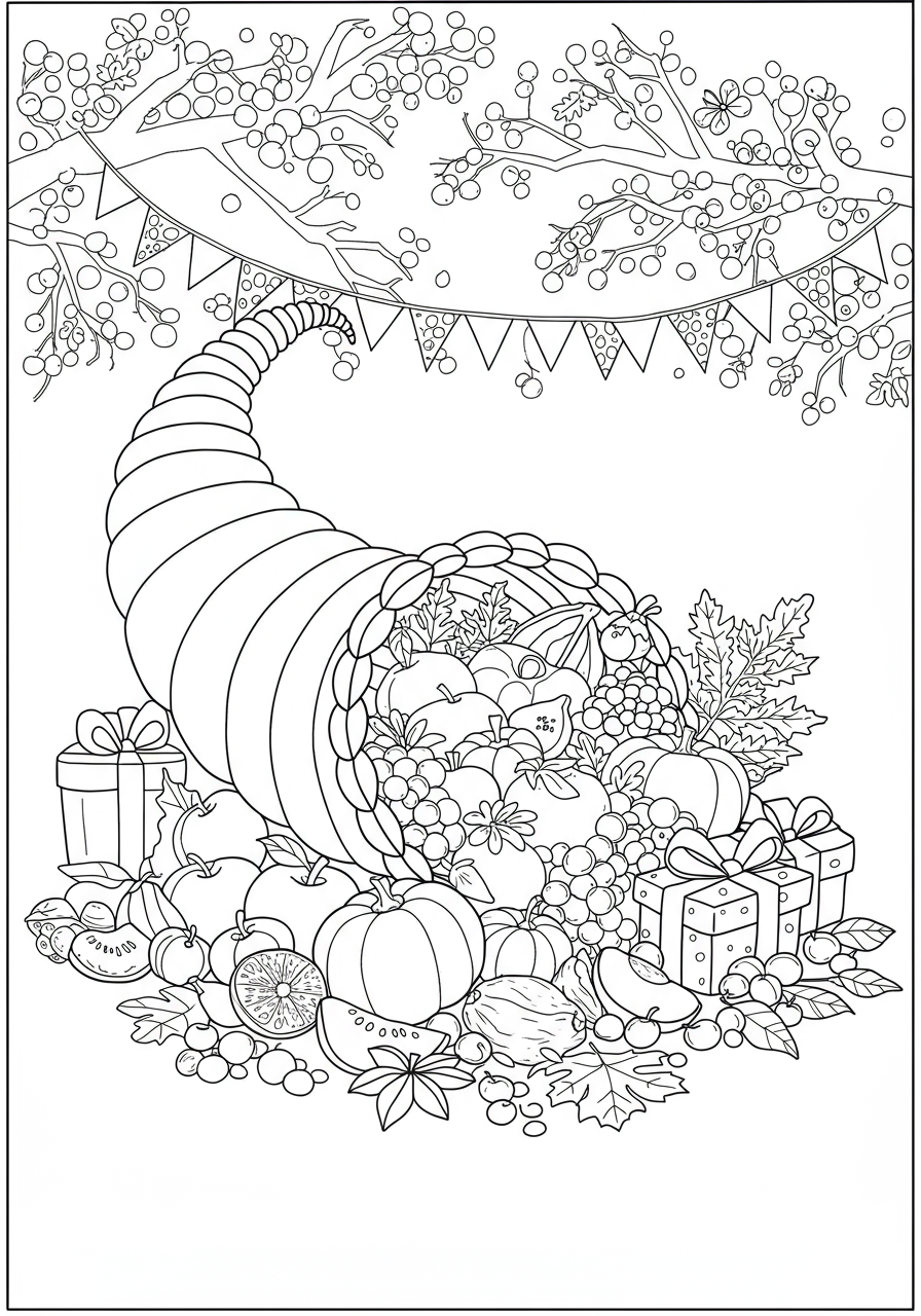 Free printable cornucopia harvest bounty coloring page, featuring a horn of plenty overflowing with autumn fruits and vegetables, perfect for kids.