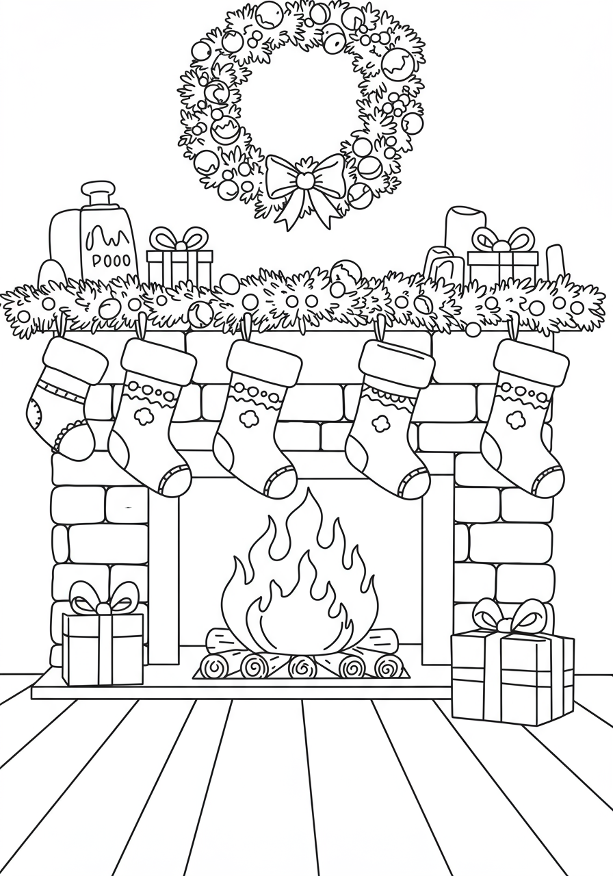 Free printable cozy fireplace stockings coloring page for kids, featuring a warm fireplace with multiple empty stockings hanging from the mantel, ready for holiday coloring fun.