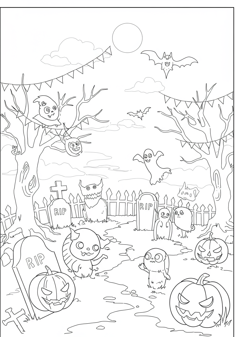 Free printable Creepy Graveyard Fog coloring page for kids, featuring spooky mist, gravestones, bare trees, and friendly Halloween creatures.