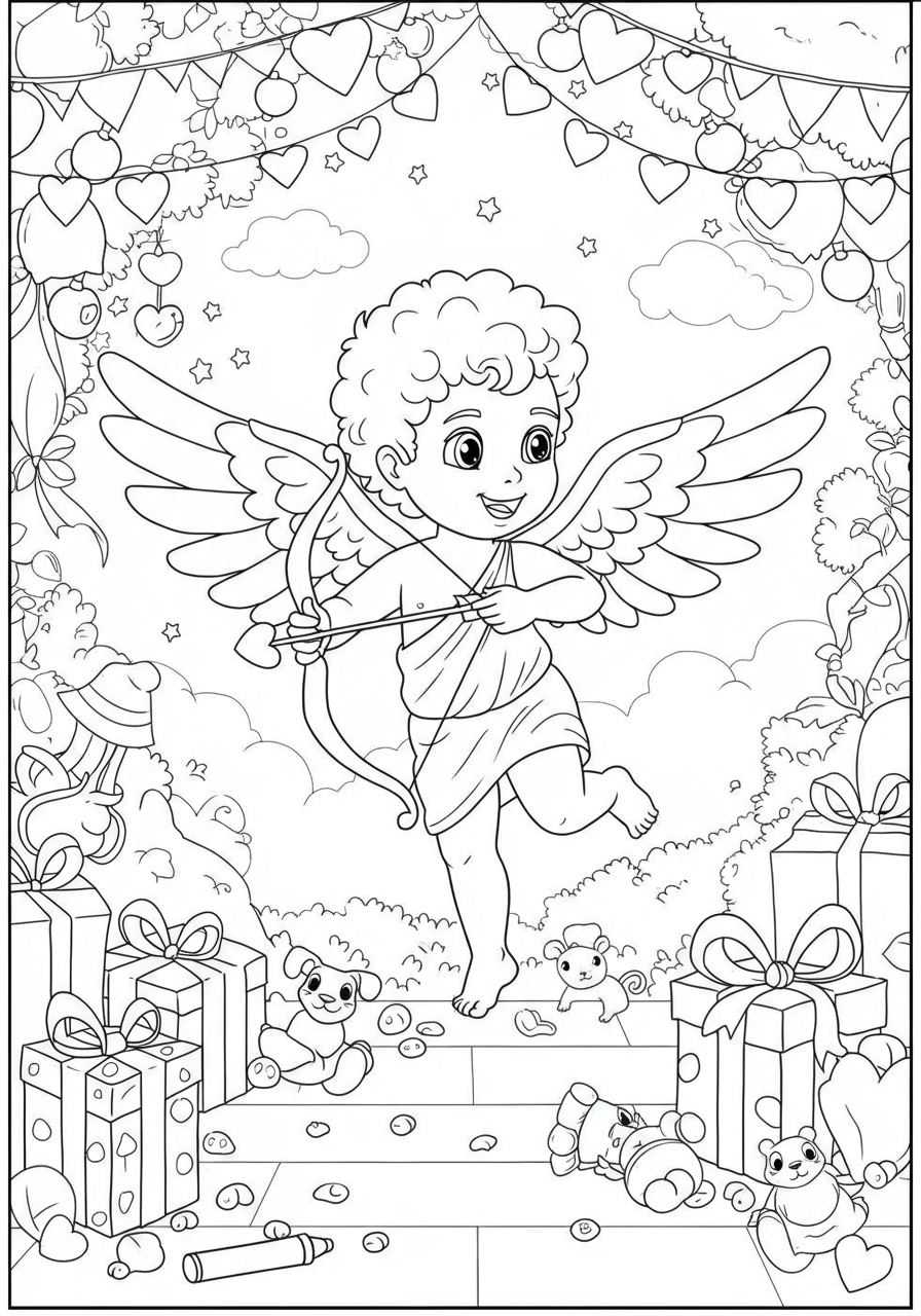 Cute free printable Cupid with arrow coloring page for kids, featuring a winged character holding a bow and heart-tipped arrow, perfect for Valentine's Day activities.
