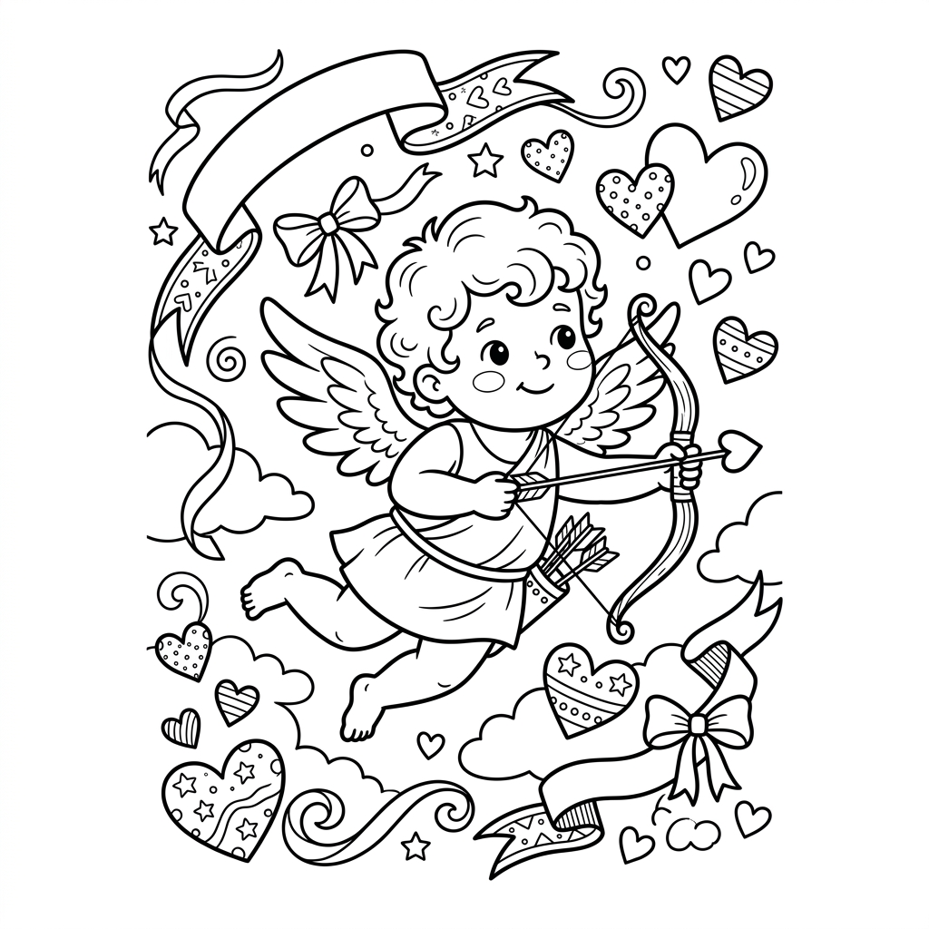 Free printable coloring page: a cute cupid with wings, flying happily and sending many hearts of different sizes, ideal for kids' Valentine's Day creative fun.