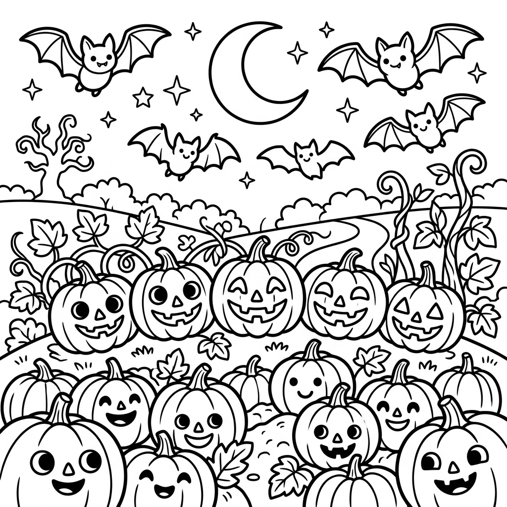 A free printable coloring page featuring cute cartoon bats flying over a pumpkin patch with smiling pumpkins, perfect for kids during Halloween or autumn.